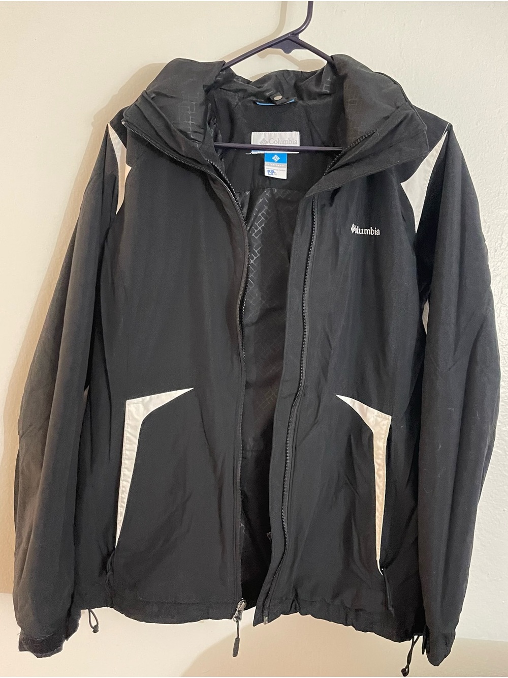 Columbia Black Hooded Raincoat with White Accents
